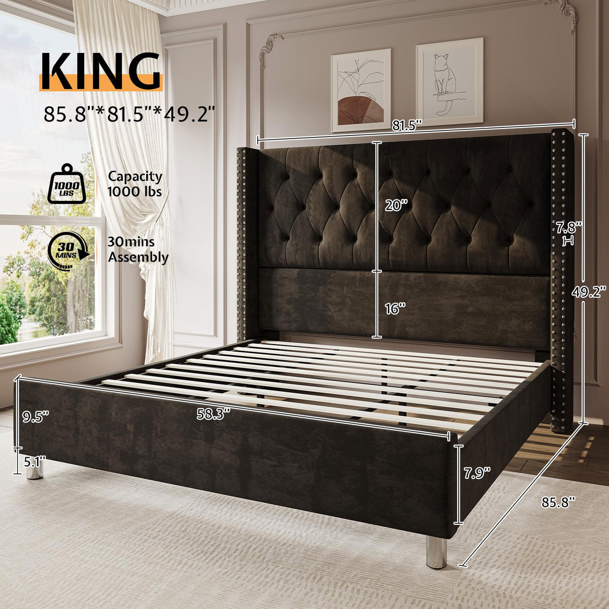 ALBOTT Upholstered Platform Bed Frame with 50 Inch Velvet Wingback Headboard, Button Tufted and Nailhead Trim, No Box Spring Needed, Easy Assembly
