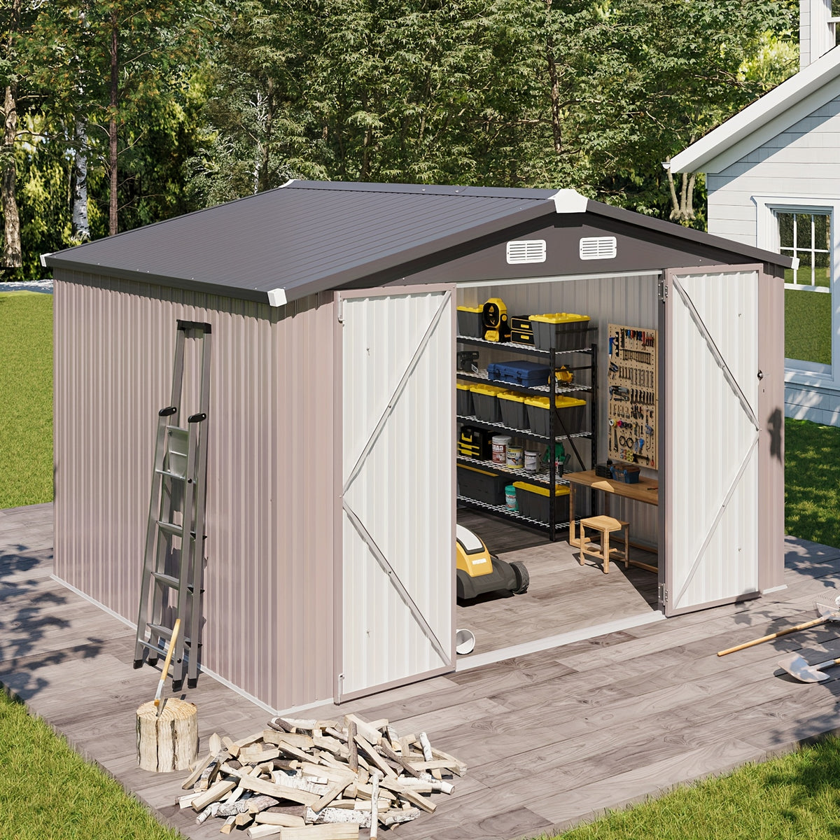 12x20x9.3/12x14/6x4ft Metal Storage Shed - Outdoor Garden Shed Kit, Lockable Tool Shed, Backyard Shed with Double Hinged Doors, 4 Windows, Carport for Car, Truck, Bike and Lawn Mower & Equipment, Brown