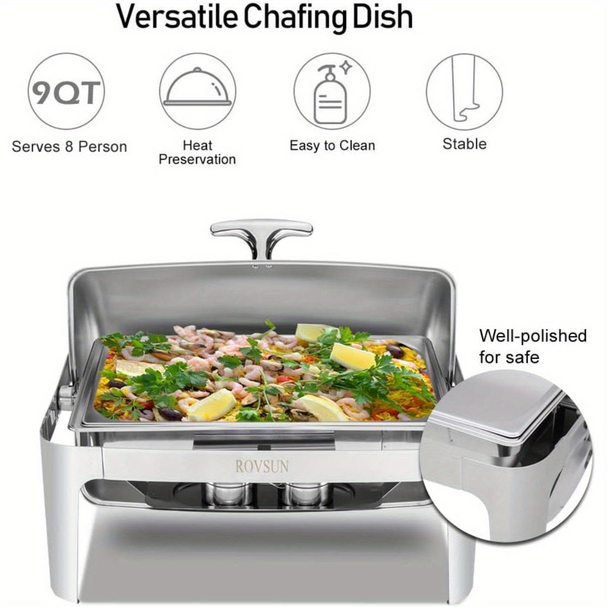 Chafing Dish Buffet Set, 9 Quart Roll Top Stainless Steel Chafer, NSF Rectangular Set with Food Pan, Water Pan and Fuel Holders, for Wedding, Parties, Banquet, Catering Events only for cooking