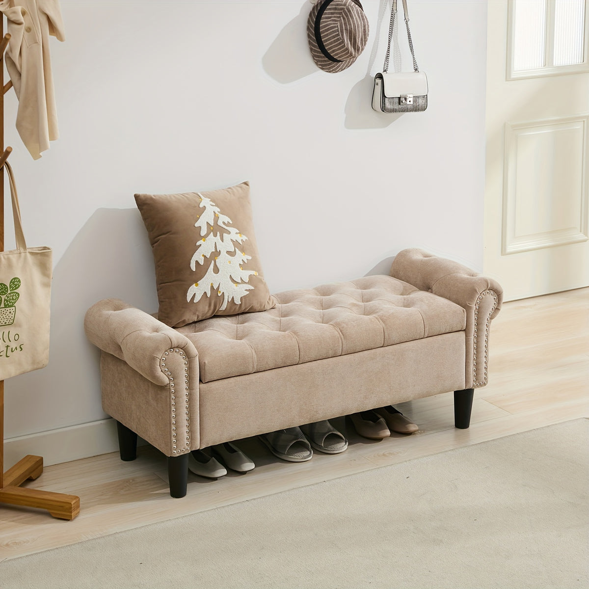 Storage Ottoman with Seat, Safety Hinge Storage Bench, Chenille Fabric, Cushion Storage Bench with Seat, for Bedroom, Living Room