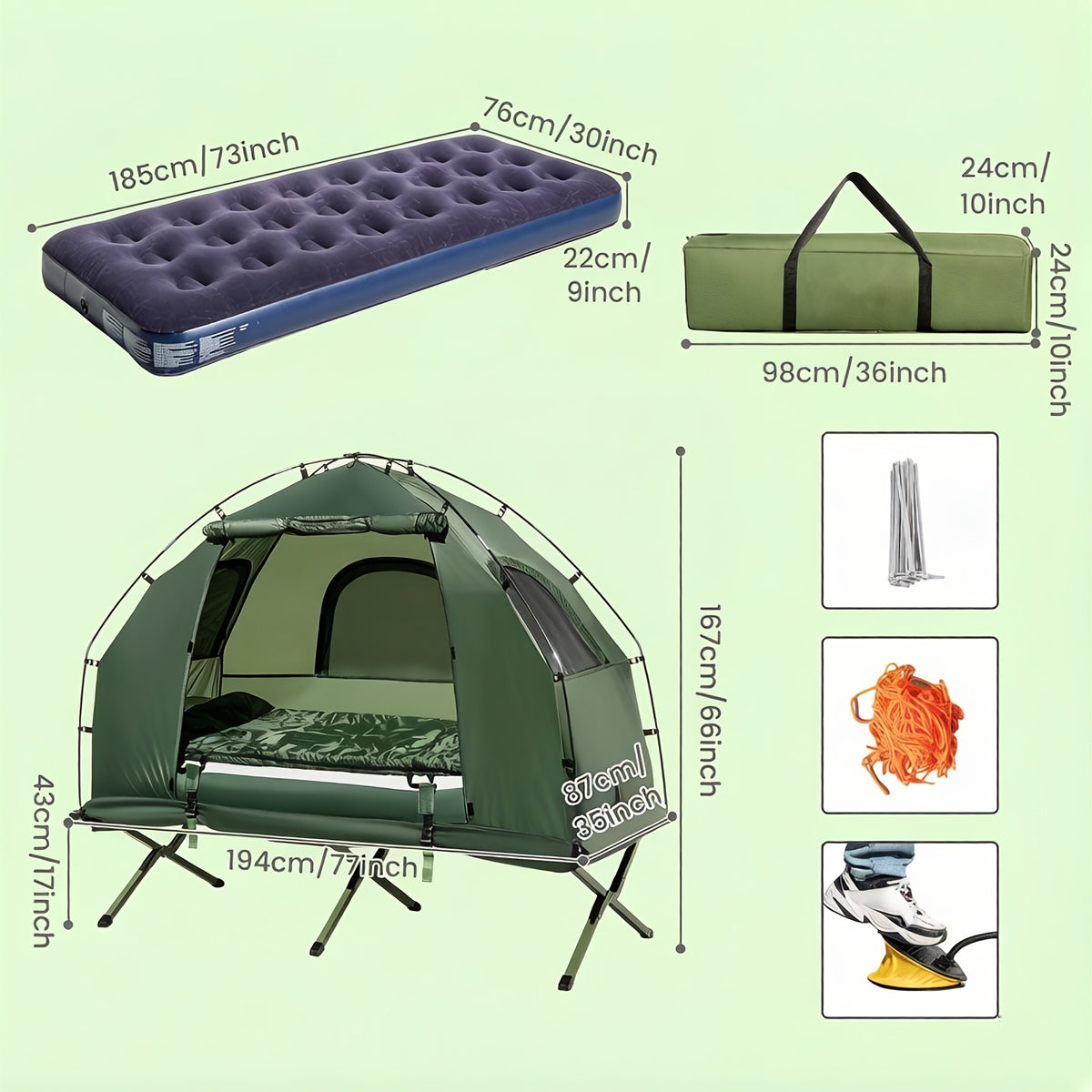 MULTIGOT Outdoor Foldable Camping Tent Cot, 5-In-1 Elevated Camping Tent W/ Sleeping Bag, Air Mattress, Pillow, Sunshade, Portable Single Sleeping Cot W/ Carry Bag for Hiking, Travel, Picnic