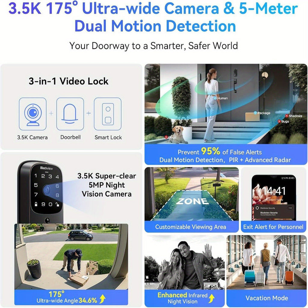 Blackview Smart Lock SE80, 3-In-1 3.5K Door Camera And Doorbell And Fingerprint Keyless Entry Door Lock, Smart Wi-Fi Deadbolt for Front Door, App Remote Control, No Monthly Fee, 32GB Local Storage