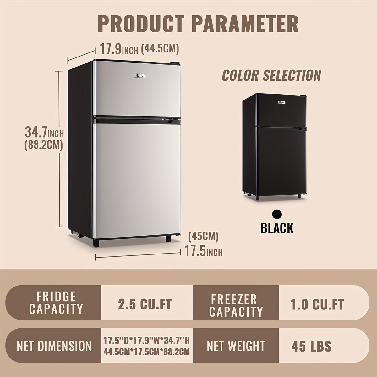 Mini Refrigerator with Separate Freezer and 7-Level Thermostat — WANAI Black, 3.5 or 4.5 Cu. Ft.