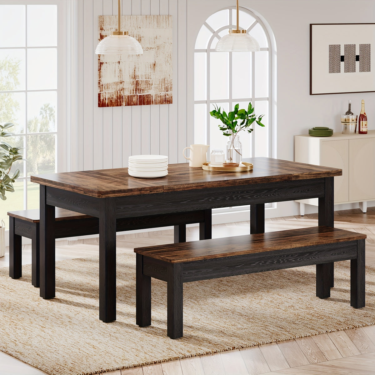 3pcs Dining Table Set with 2 Benches, 55-Inch Wood Kitchen Table Set for 4-6, Farmhouse Space-Saving Dinette for Kitchen, Dining Room