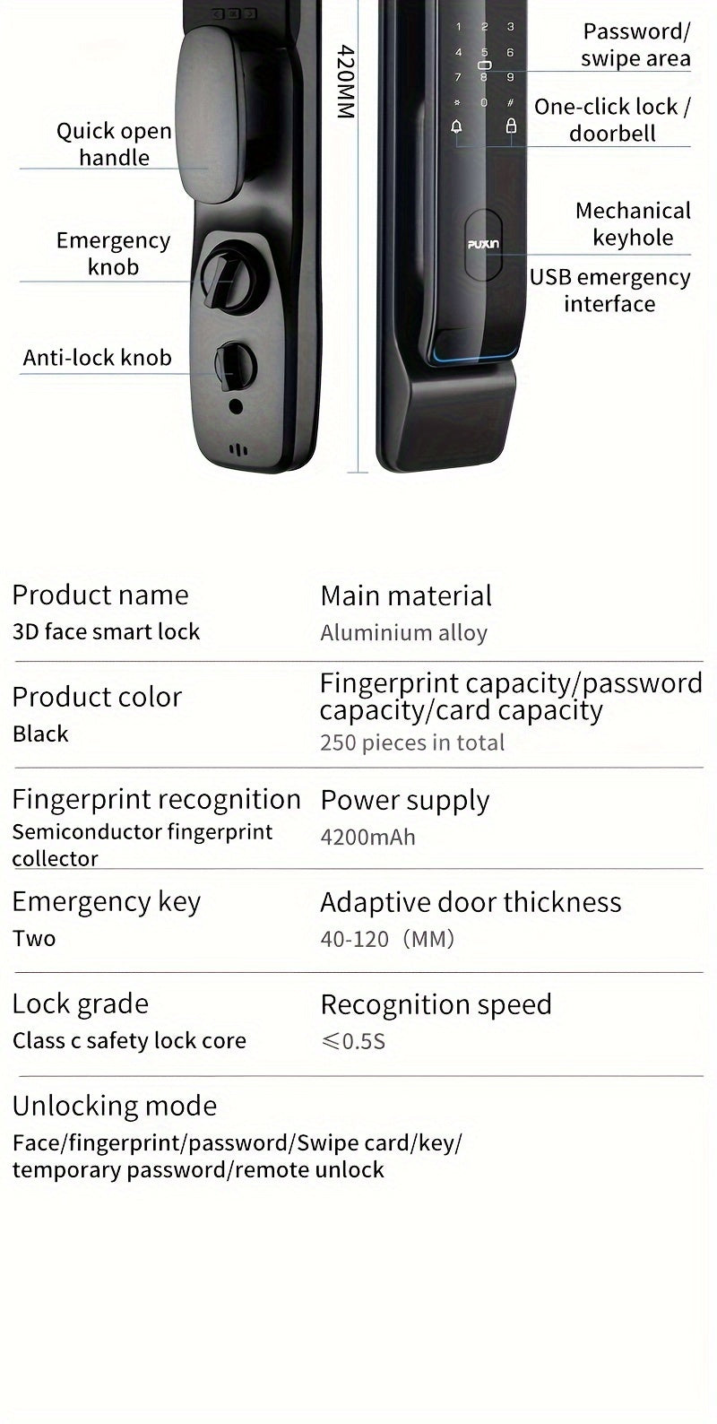 Puxin DF65 Smart Lock with 3D Face Recognition And Automatic Fingerprint Access for Home Use