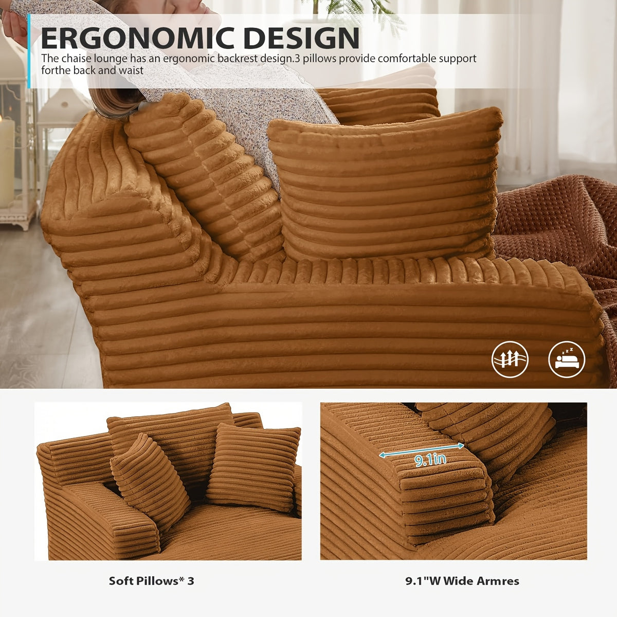 67 Inch Chaise Lounge Chair Indoor, Oversized Corduroy Upholstered Boneless Sofa Bed, Deep Seat Sleeper Couch Reading Chairs, Cloud Sofas Couches for Living Room, No Assembly Required (Orange)
