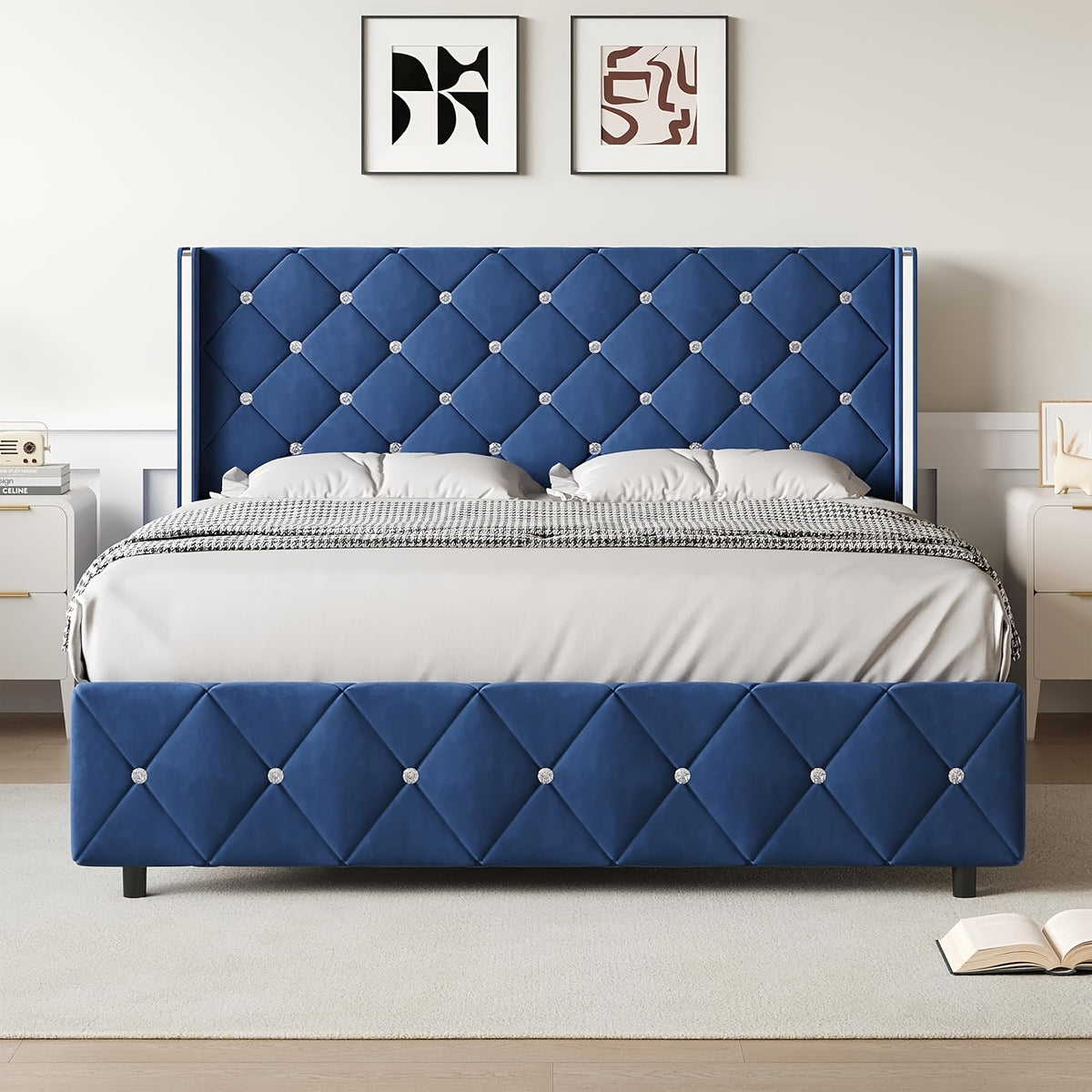 Twin Full Queen King Size Bed Frame, Upholstered Bed Frame with Diamond Tufted Headboard, Modern Silvery Side Wing Back, No Box Spring Needed, Easy Assembly, Purple, Black, Blue, Green, Pink, White