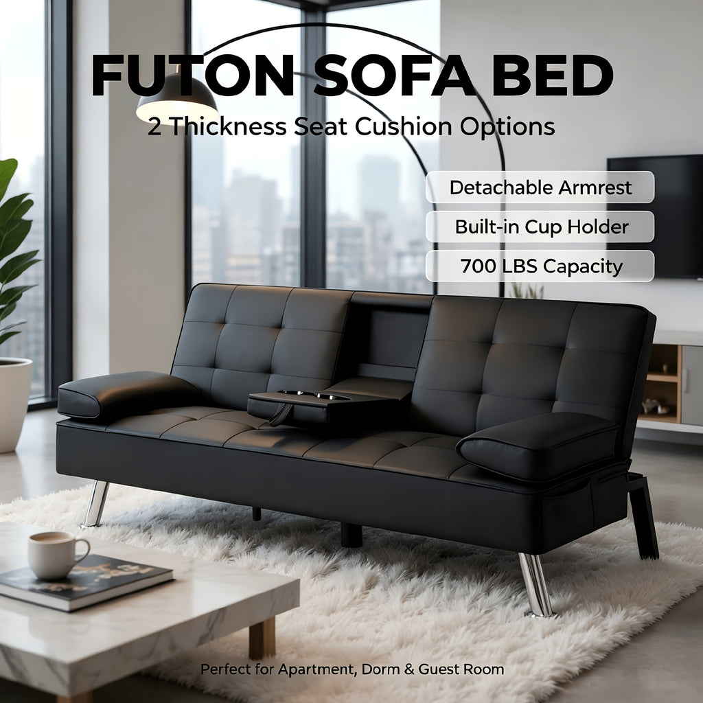 67" Convertible Futon Sofa Bed, 2 Thickness Seat Cushion, Adjustable Folding Couch with Detachable Armrest & Cup Holders, Heavy Duty 700 LBS Metal Frame, Multifunctional Sleeper Sofa for Living Room Bedroom Apartment Dorm