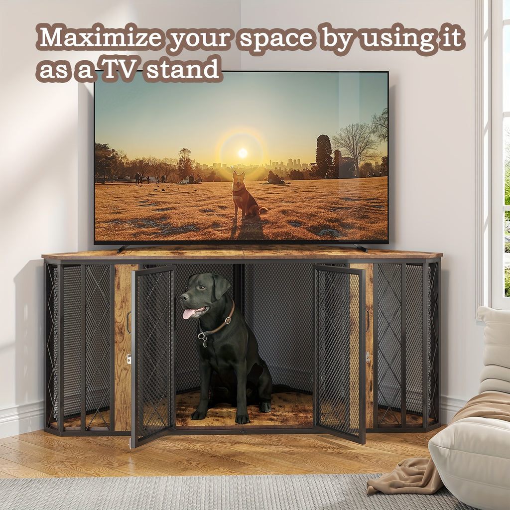 66 Inch Heavy-Duty Large Corner Dog Crate - XL Wood Kennel Cage with Double Doors & Lockable Panels, Spacious Multi-Section Furniture Pet Enclosure for Dogs (Great Danes, Mastiffs) - Sturdy Modern Design /Outdoor Use
