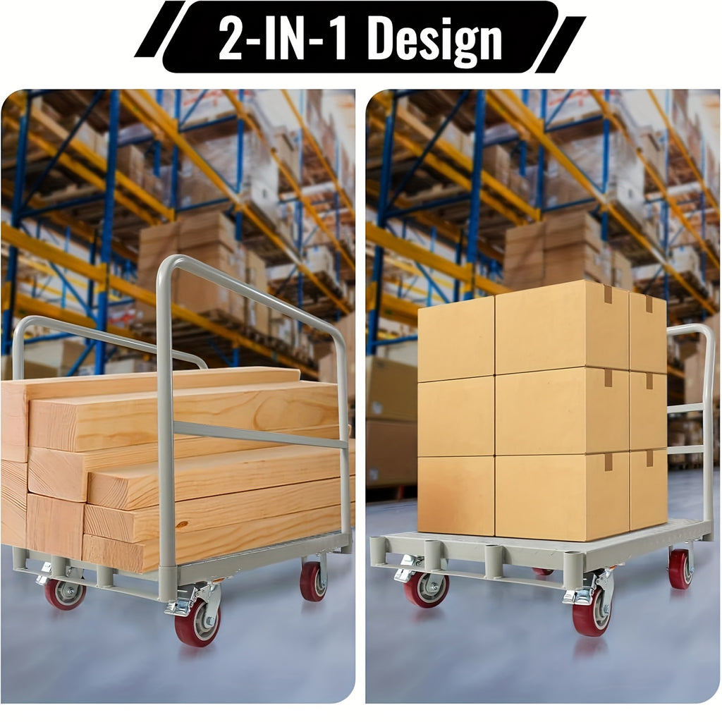 2in 1 Steel Panel Cart 2mm Seamless Steel Deck 2200LBS Capacity + 3 Detachable Handles 5" PU Casters & Reinforced Chassis Drywall/Lumber Cart for Construction, Factories, Warehouses