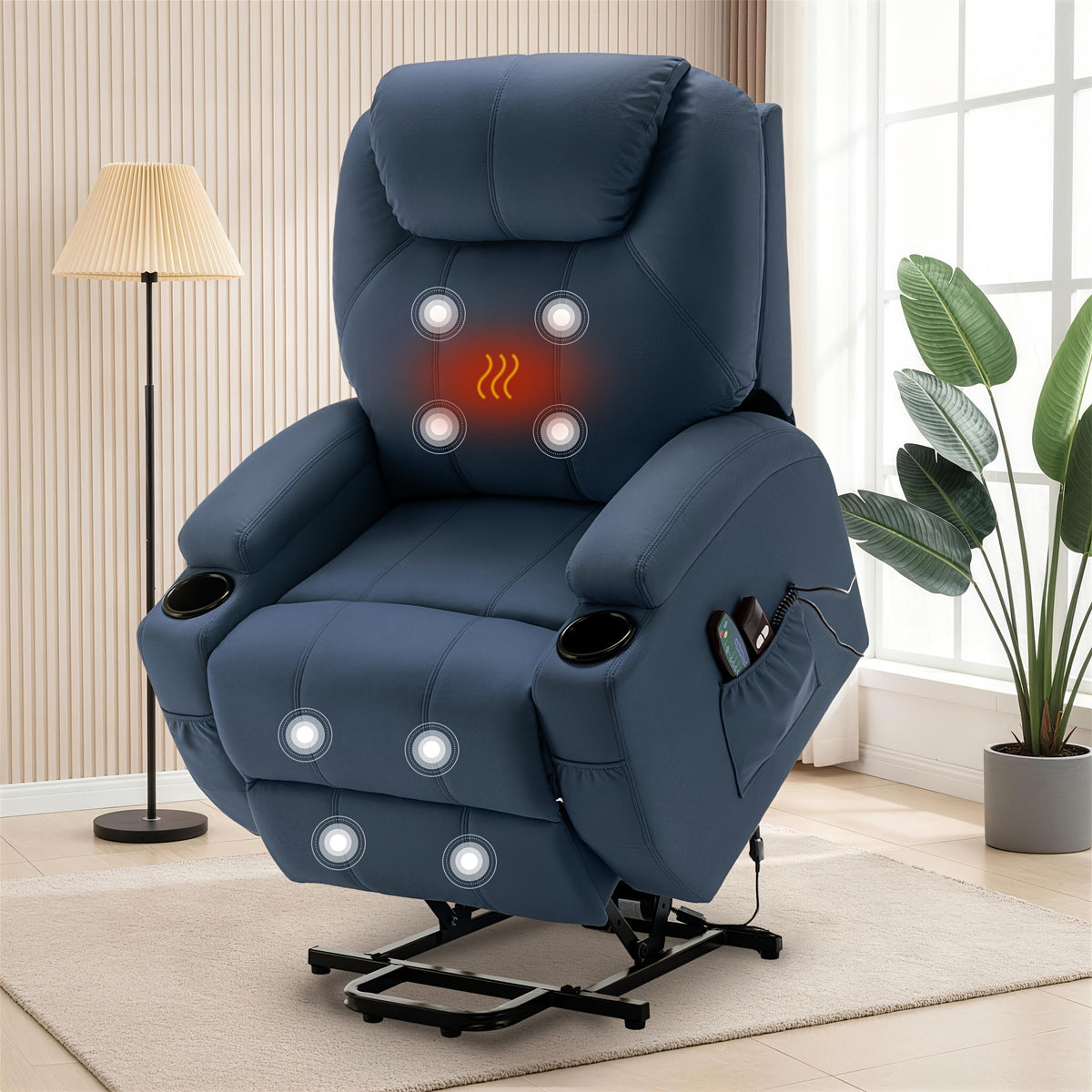 Living Room Massage Chair, Recliner With Heating Function, Adult Electric Lift Chair, Storage Side Pockets And Cup Holders, Medium-sized Leisure Chair, Comfortable PU Leather Material, Orange And Blue Are Technical Fabric