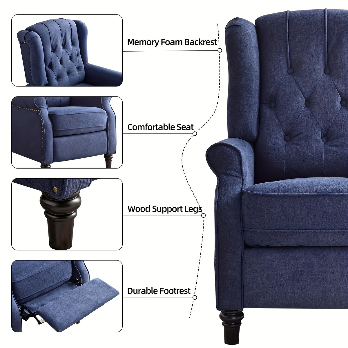 Mid-Century Pushback Recliner Chair with Fabric Upholstery for Living Room or Bedroom Seating