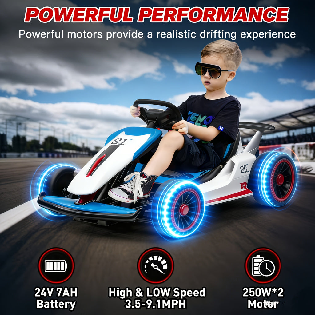 Kids Electric Ride-On Car with 4 PP Foam Tires, 110LBS Max Load, 5-Point Seat Belt, Music Mode & Dual Brake - Exciting Racing Experience for Ages 6+ (Red/Blue)