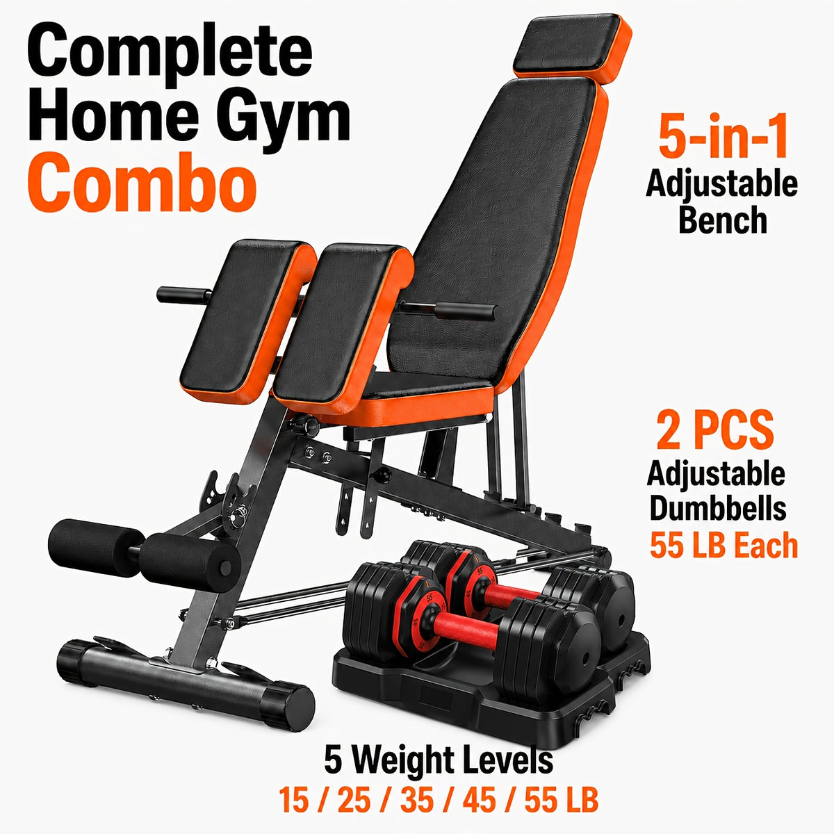 Home Gym Weight Bench, 5-In-1 Adjustable Workout Bench for Abs, Back, Glutes And Core Training, Heavy Duty 1000LBS Capacity