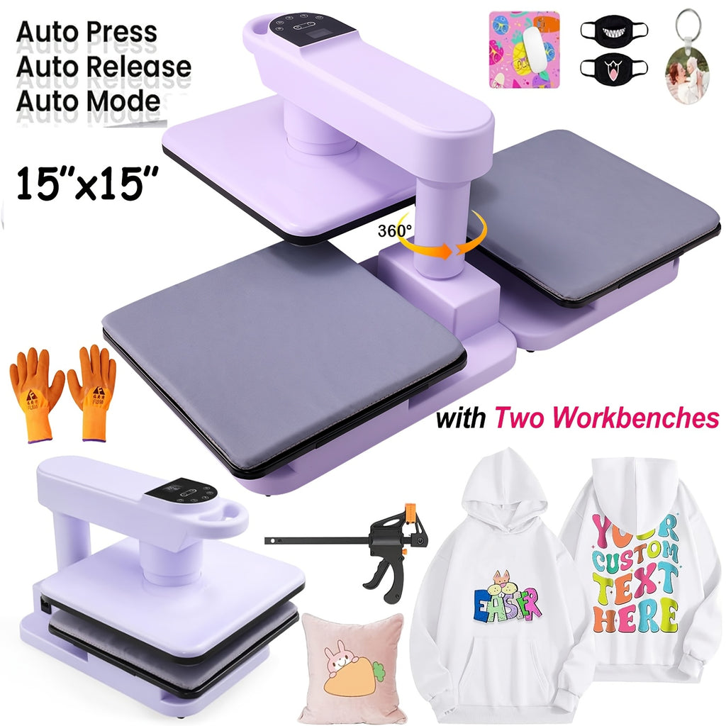 15x15 Inch Swivel Auto Heat Press Machine, 360° Swing Away Smart T-Shirt Printing W/Auto Press & Auto Release & Auto-Off, 7 Adjustable Pressures & 1.85" Higher Heating Height For HTV, Dual-tube Heatinbg, Sublimation, Heat Transfer Projects