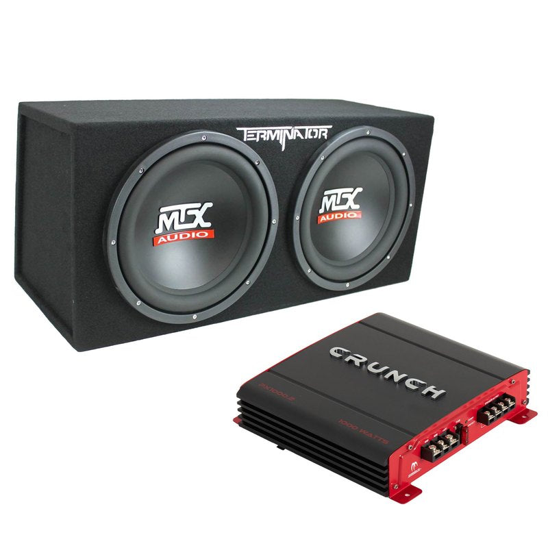 Crunch 2 Channel 1000 Watt Amp Car Audio Stereo Amplifier and MTX 12 Inch 1200 Watt Car Audio Dual Loaded Subwoofer Box Enclosure