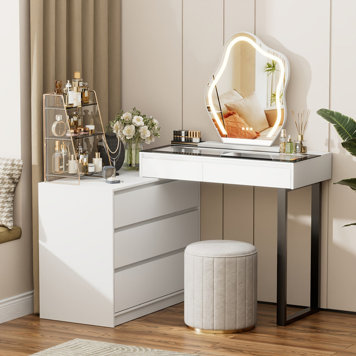 Corner Vanity Desk with Mirror And Lights, Makeup Table with Drawers And Jewelry Cabinet, 3-Color LED Lights And 5-Drawer Large Vanity with Storage, Bedroom, Dressing Table