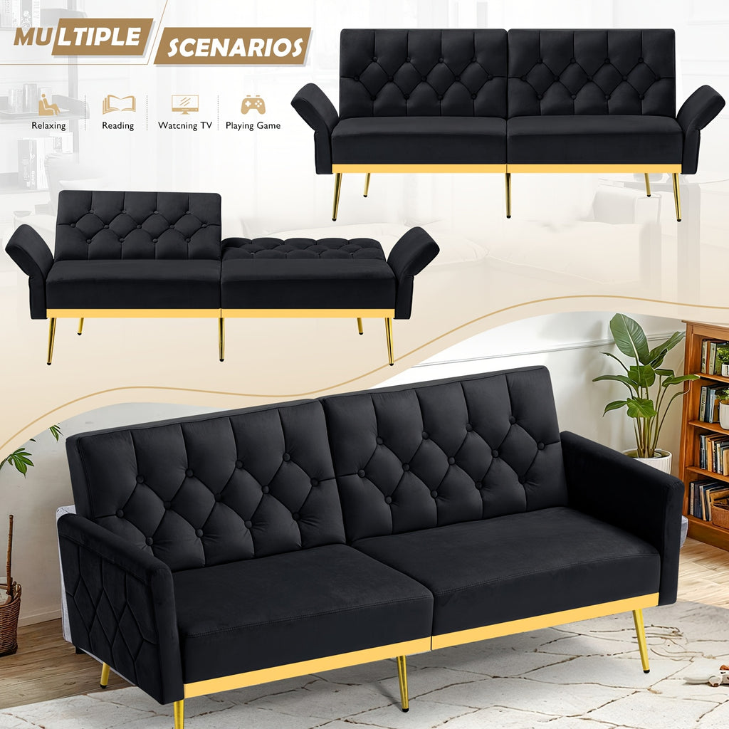 ACMEASE Velvet Sofa Bed Featuring Adjustable Armrests And Backrests, a Contemporary Recliner Sleeper Couch with a Tufted Design, a Convertible Loveseat Sofa with Golden Legs Suitable for The Living Room, Bedroom, Or Studio