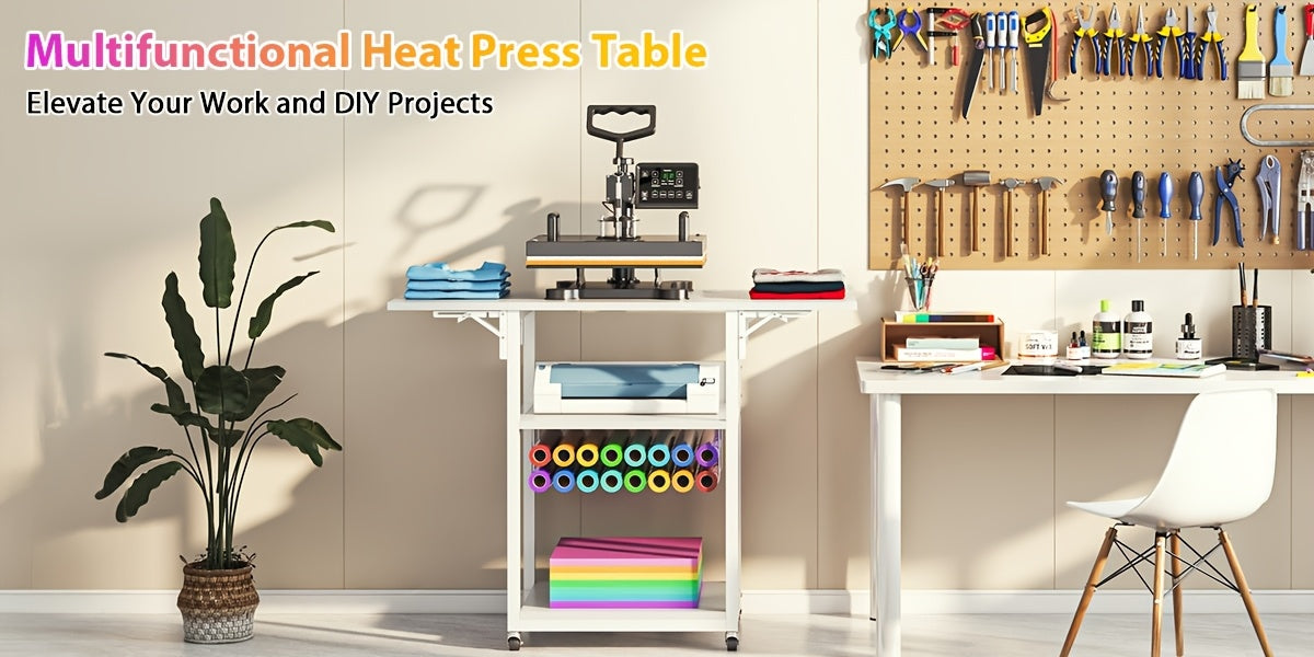 VISOUD 3-Tier Foldable Heat Press Machine Table, Portable Metal Stand with Vinyl Reel Holder, Heavy-Duty for DIY Sublimation Printer, White - Crafts, Crafts & Sewing Supplies, Heat Press Machine Accessories