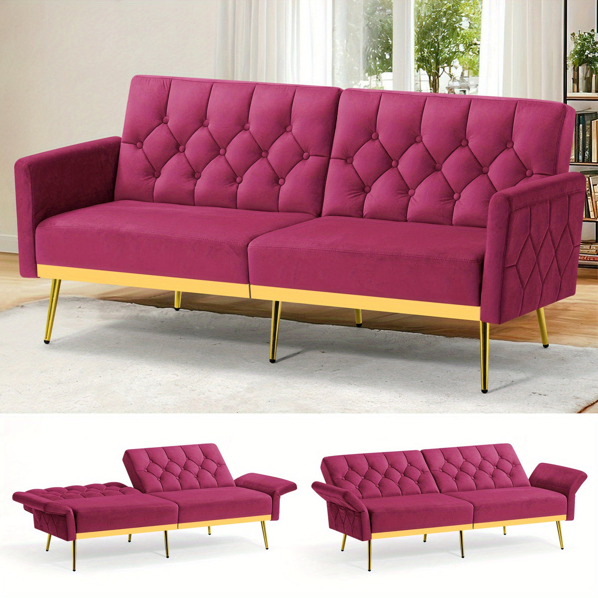 ACMEASE Velvet Sofa Bed Featuring Adjustable Armrests And Backrests, a Contemporary Recliner Sleeper Couch with a Tufted Design, a Convertible Loveseat Sofa with Golden Legs Suitable for The Living Room, Bedroom, Or Studio
