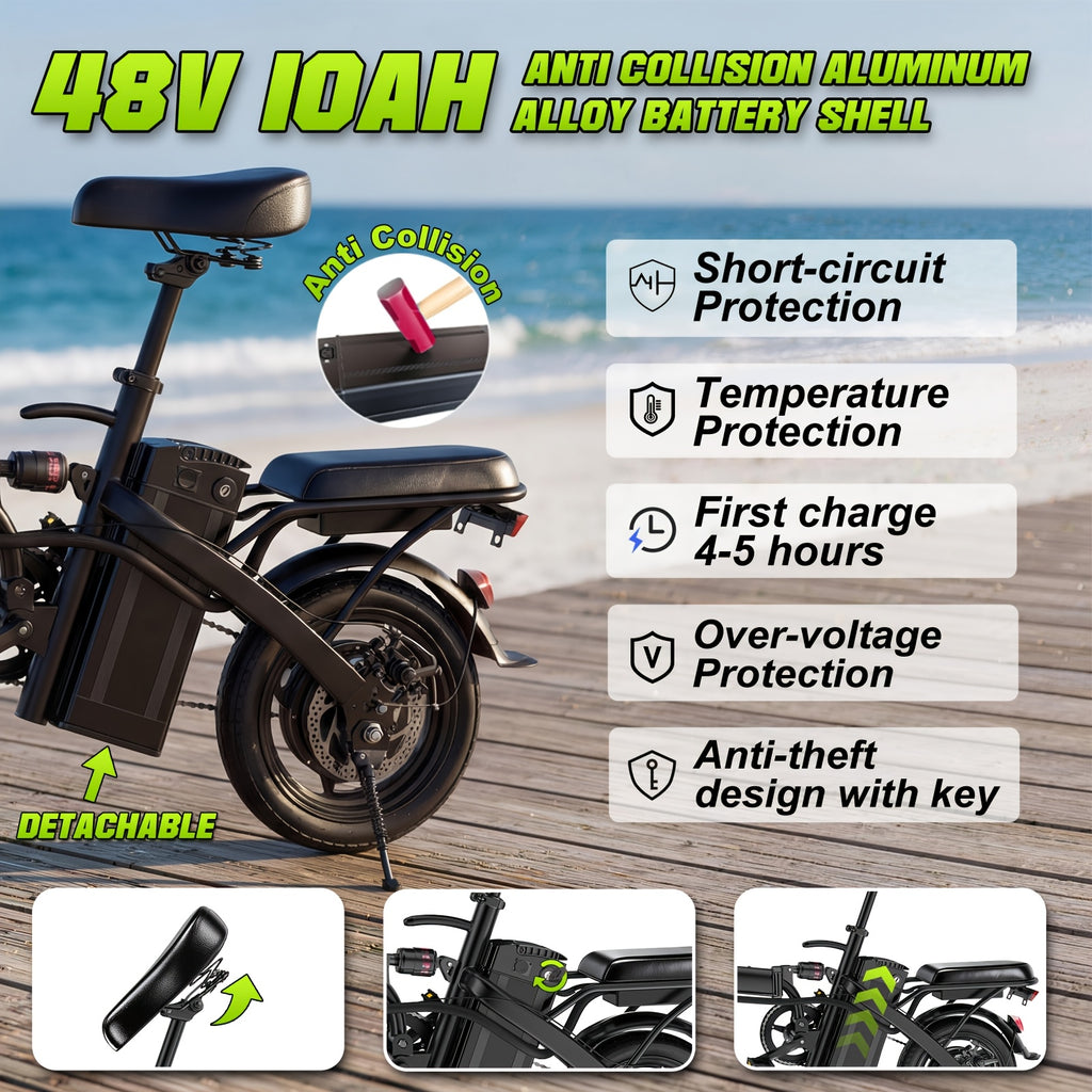 Adult and Youth Electric Bicycle, 560W Motor, 20-24MPH Compact Commuter Folding E-Bike, 32-Mile Range, 48V 10Ah Battery, 3-Speed Pedal Assist, 14-Inch Folding Electric Bicycle, Women's E-Bike