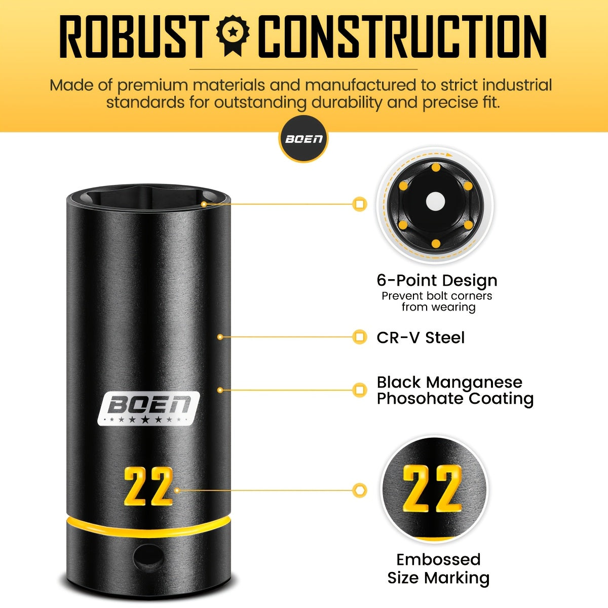[60pcs Socket Set] BOEN 60pcs 3/8" Drive Impact Socket Set, 6-Point Sockets, Metric 6-22Mm & SAE 5/16"-3/4", Shallow & Deep Sockets, Ratchet Wrench Included, 7pcs 10Mm Sockets with Yellow Embossed Marking for Automotive Repair