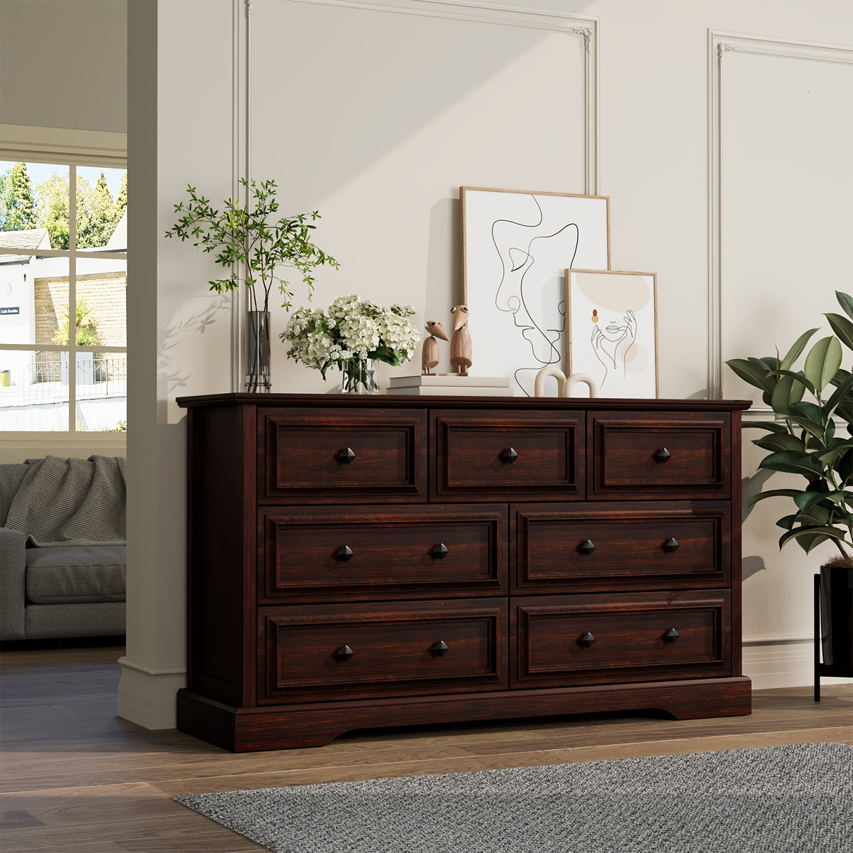 Farmhouse 6/7/8 Drawer Dresser for Bedroom, Wood Rustic Chest of Drawers with Natural Texture, Vintage Design, Storage Dressers Organizer for Bedroom, Living Room