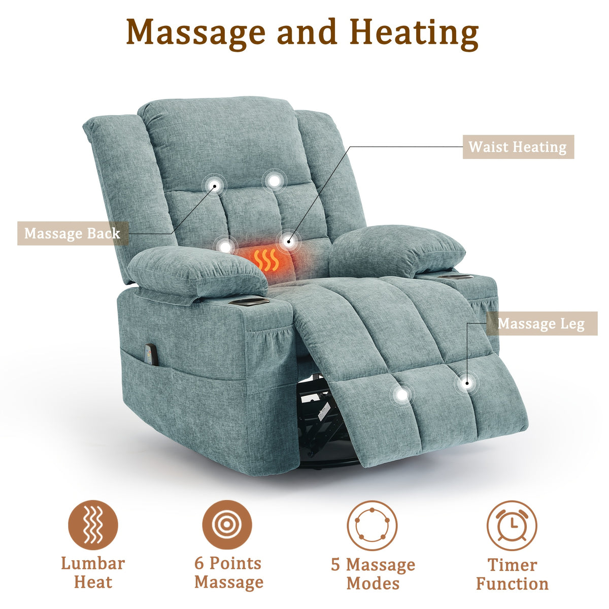 Personal Care Home Massage Chair, 360° Rotation Of Massage Heating Function Comfortable Recliner Chair, Manual Adjustable Angle Leisure Rocking Chair, Massage Sofa Chair with Side Pockets And Front Pockets, with Built-in Cup Holders And Thickened