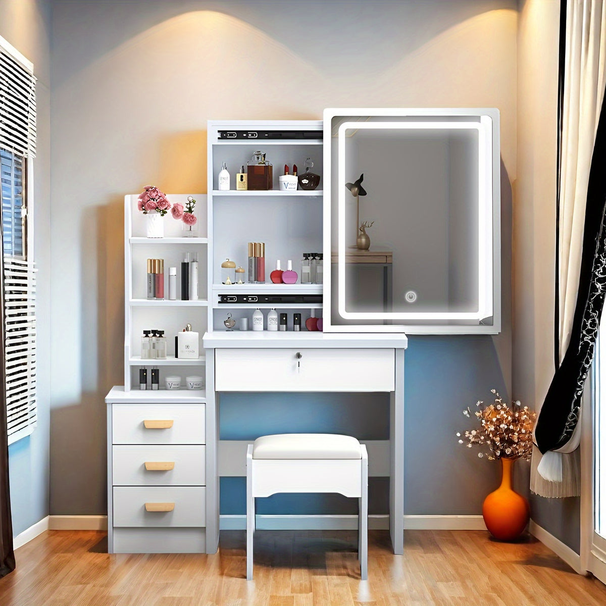 White Dressing Table with Sliding Mirror And Stool 4 Drawers Home High-End Bedroom Dressing Cabinet Integrated Small Apartment