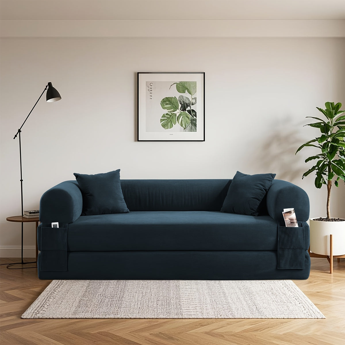 80" Convertible Sofa Bed, 3-in-1 Corduroy Folding Pull Out Couch with Pillows, No Assembly Modern Boneless Couch Compression Sofa In Box, Floor Sofa with Side Storage Pocket for Living Room