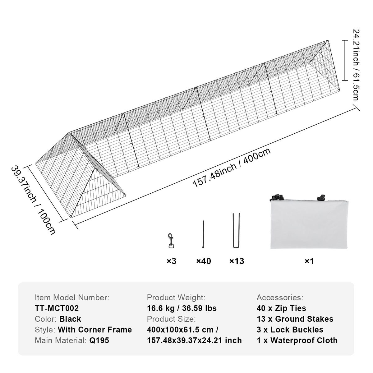 VEVOR Chicken Tunnels, 157.5 x 39.4 x 24.2 inch (LxWxH) Chicken Tunnels for Yard, Portable Chicken Tunnels for Outside with Corner Frames, Chicken Coop Run, Suitable for Chickens, Ducks, Rabbits