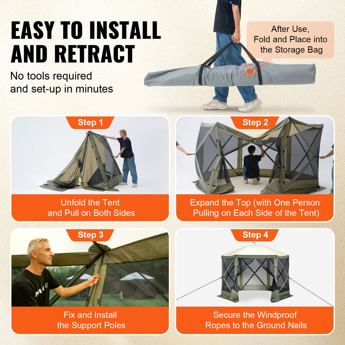 VEVOR Pop Up Gazebo Tent, Pop-Up Screen Tent 6 Sided Canopy Sun Shelter with 6 Removable Privacy Wind Cloths & Mesh Windows, 10x10FT/ 12.5x12.5FT Quick Set Screen Tent with Mosquito Netting, Army Green/Brown