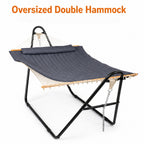 127.95 X 45.28 X 55.12inch Heavy Duty Hammock with Stand Set, 520Lb Weight Capacity, Double Layer Padded Cotton Bed (White/Gray) with Black Frame, Including Chain And Nylon Rope And Bottom Storage Net, Foldable for Yard Camping Porch