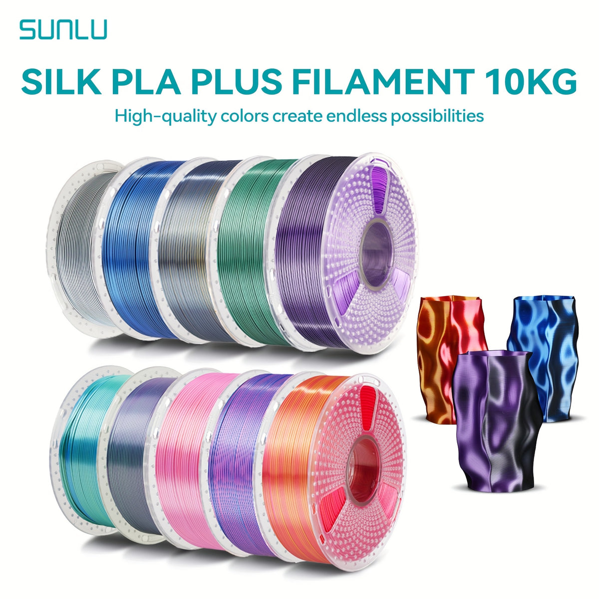 SUNLU PLA Plus Filament, Dual Color Gradient, High Toughness, Shiny Texture, 1.75mm Diameter, Low Shrinkage, Dimensional Accuracy +/- 0.02mm, Smooth Surface Plastic Materia, 22.05LB 10Colors