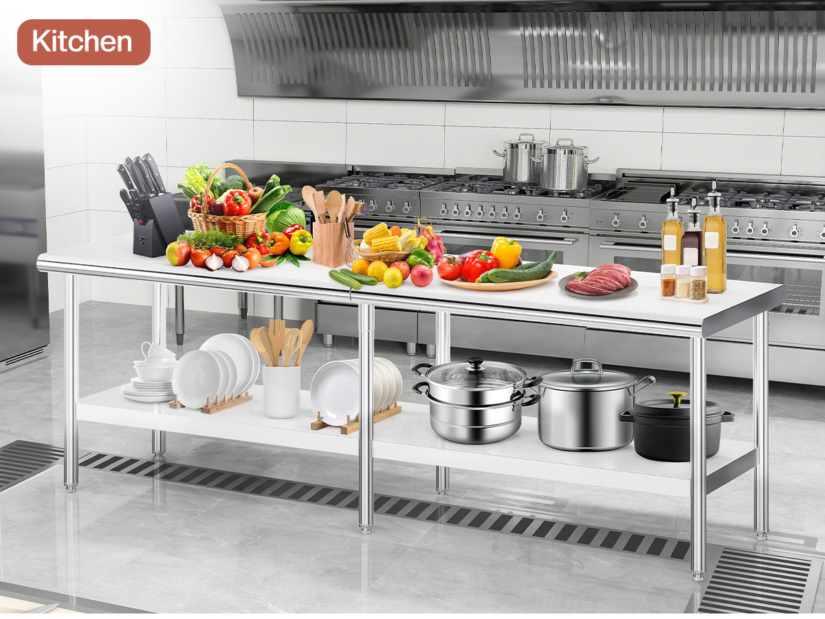 30×48–30×108 Inch Stainless Steel Commercial Work Table with Rounded Corners Adjustable Shelf And Feet for Kitchen Garage Gardening