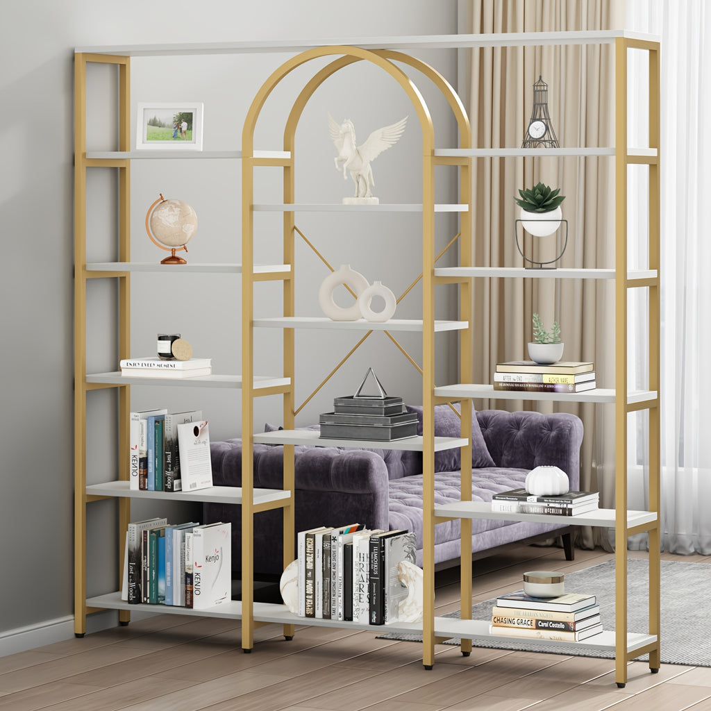 Triple Wide 5-Tier Large Open Bookshelf, Tall Storage Display Shelf With Metal Frame, Extra Large Golden Bookcase, Freestanding Etagere Bookcase With Display Shelf For Home Office
