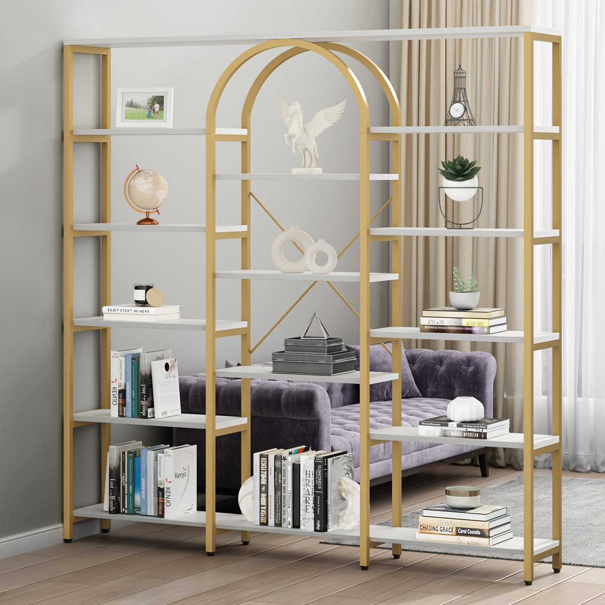 Triple Wide 5-Tier Large Open Bookshelf, Tall Storage Display Shelf With Metal Frame, Extra Large Golden Bookcase, Freestanding Etagere Bookcase With Display Shelf For Home Office