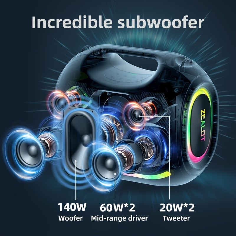 ZEALOT ZE21 250W High-power Wireless Speaker, Portable for Outdoor Use, with 5 Speakers, Built-in 48000mAh Battery, RGB Color Lights, Compatible with SD/USB/AUX/supports Two Serial Speakers, Hands-free Calling, Supports Mobile/tablet/TV/computer