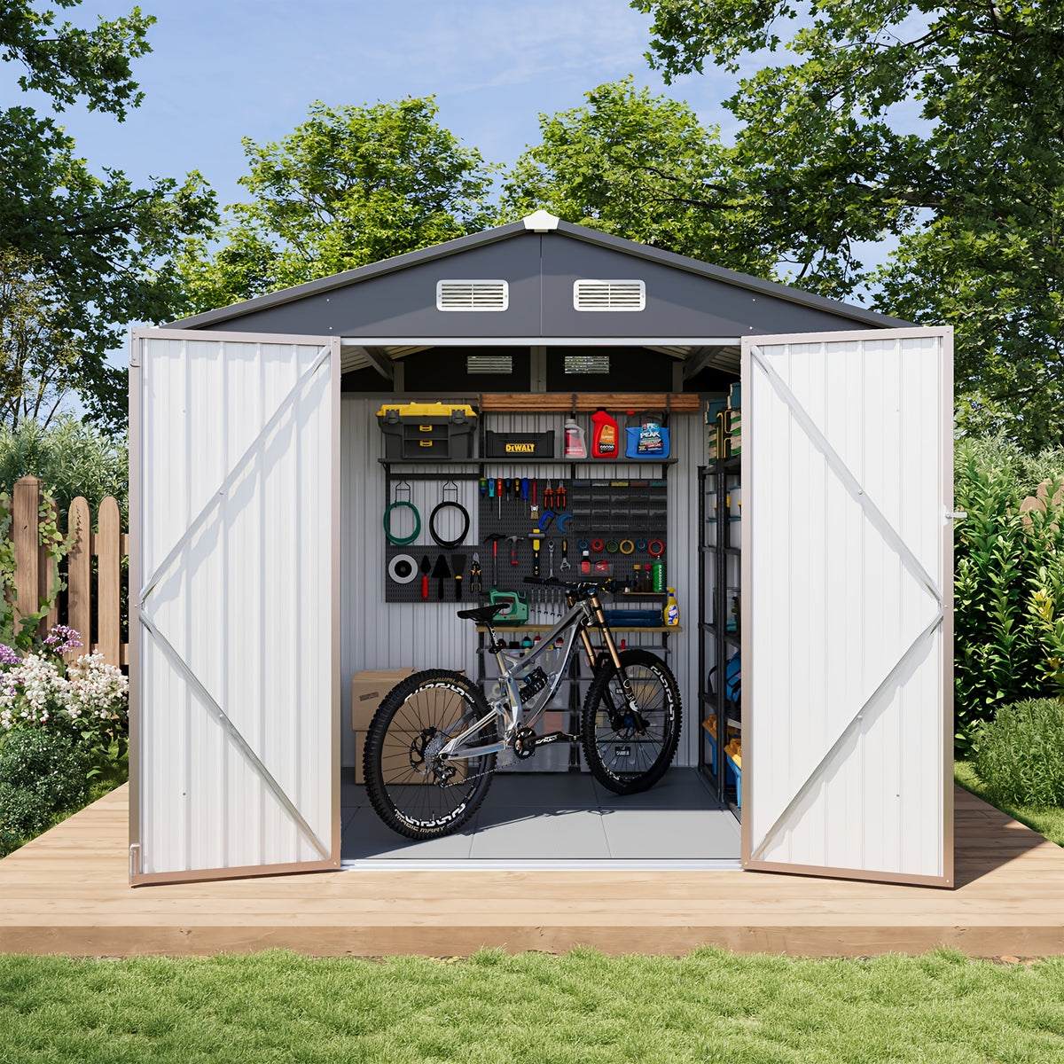 ULSMVOC 12X20X9.3/10X12/6X4 FT Metal Storage Shed - Outdoor Garden Shed Kit, Lockable Tool Shed, Backyard Shed with Double Hinged Doors, 4 Windows, Carport for Car, Truck, Bike And Lawn Mower & Equipment, Brown