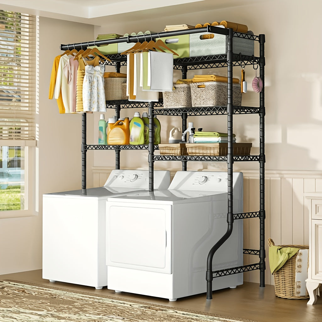 Extra Wide 6-Tier Laundry Room Shelf With 2 Hanging Rods - Freestanding Carbon Steel Storage Organizer Over Washer Dryer, 57.8"W X 22"D X 77.4"H, Black Adjustable Drying Rack, Standing Shelf