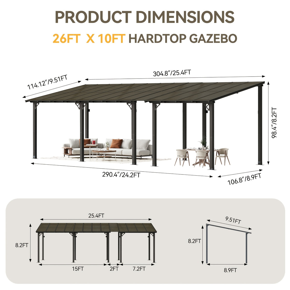 Outdoor Gazebo & Pergola Set - Hard Top Lean-to Wall Mounted Aluminum Alloy Awning With Canopy Roof, Outdoor All-Weather Cover For Patio, Backyard, Deck, Shade & Rain Protection(Multi-size Selection)