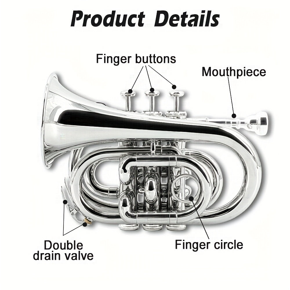 WUQIMUSC Bb Pocket Trumpet Nickel Plated, Brass Beginner Trumpet with 7C Mouthpiece, Case, Cleaning Kit & Gloves Musical Instruments Gift