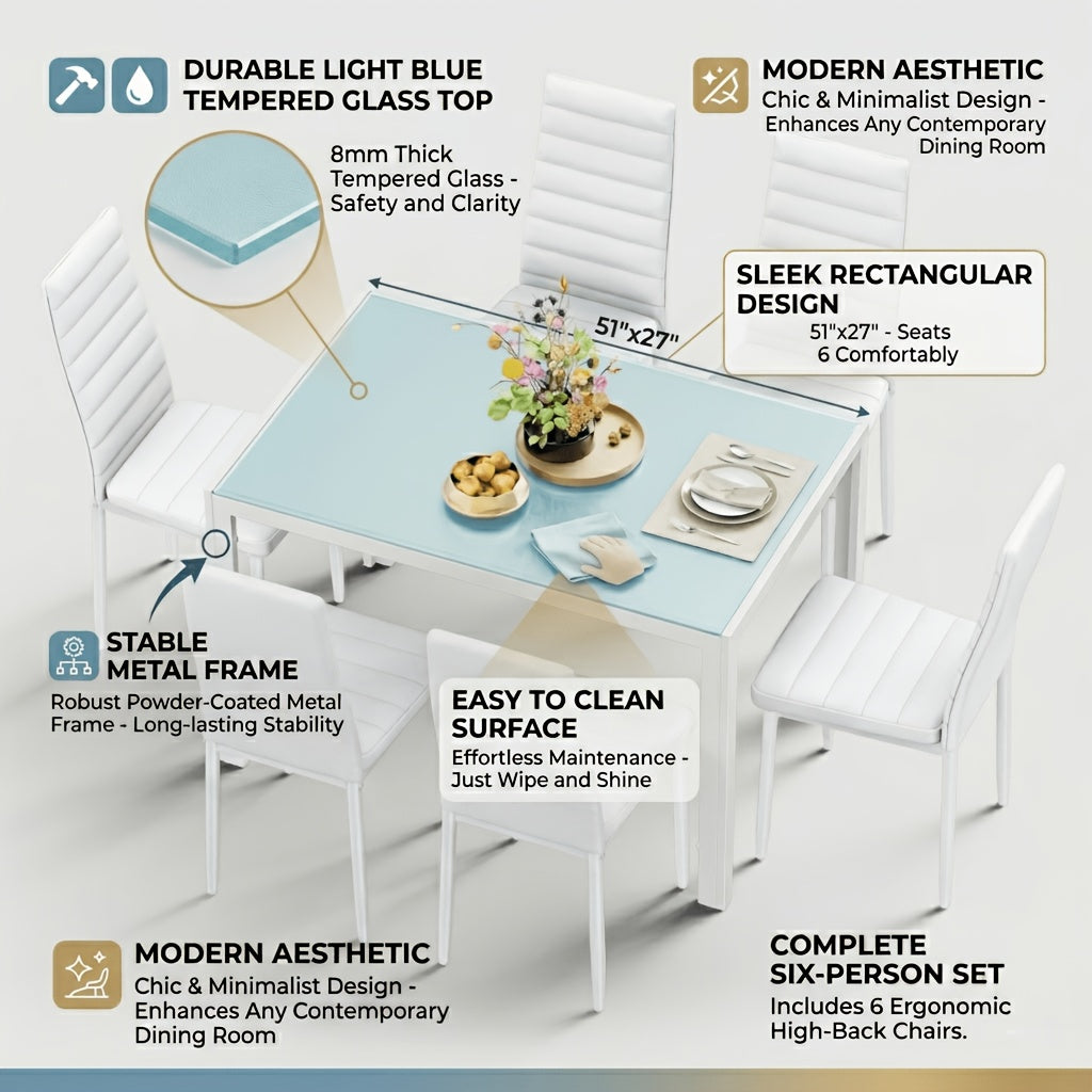 Modern 7pcs Glass Dining Table Set: 51" Rectangular Kitchen Table with 6 Ergonomic PU Leather Chairs for Dining Room & Living Room
