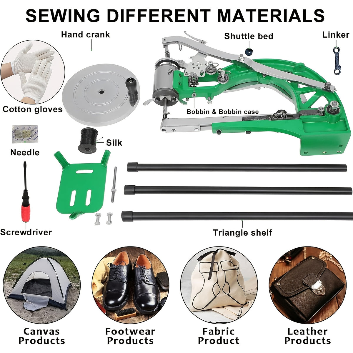 Heavy-Duty Leather Stitching Machine | Industrial Shoe Repair Equipment, Dual Thread System for Shoes, Bags, Belts, Sew Thick Materials Like Leather, Canvas, Nylon, Professional for Upholstery, Tents, Coats | Green, Non-Electric, Brand: GCCSJ