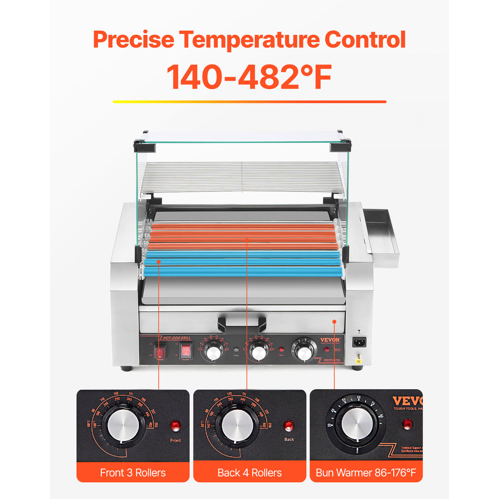 VEVOR Hot Dog Roller 5 Rollers 12 Hot Dogs /7 Rollers 18 Hot Dogs Capacity, Stainless Sausage Grill Cooker Machine with Dual Temp Control Glass Hood Acrylic Cover Bun Warmer Shelf Removable Oil Drip Tray