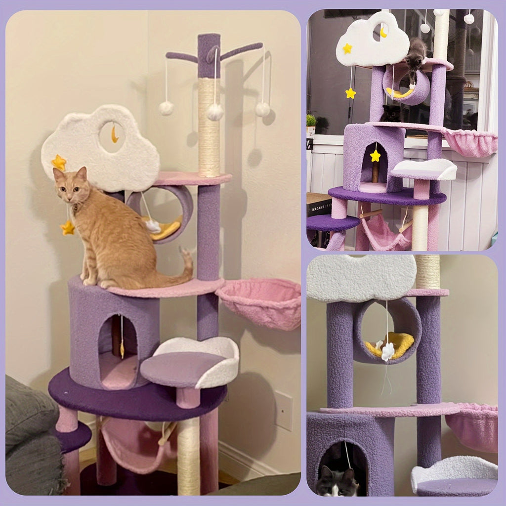 65in Cat Tree Cute for Indoor Cats Pink Moon Cat Tree Tower with Scratching Post, Hammock And Condo Large Tall Cat Tree for Kittens Cats