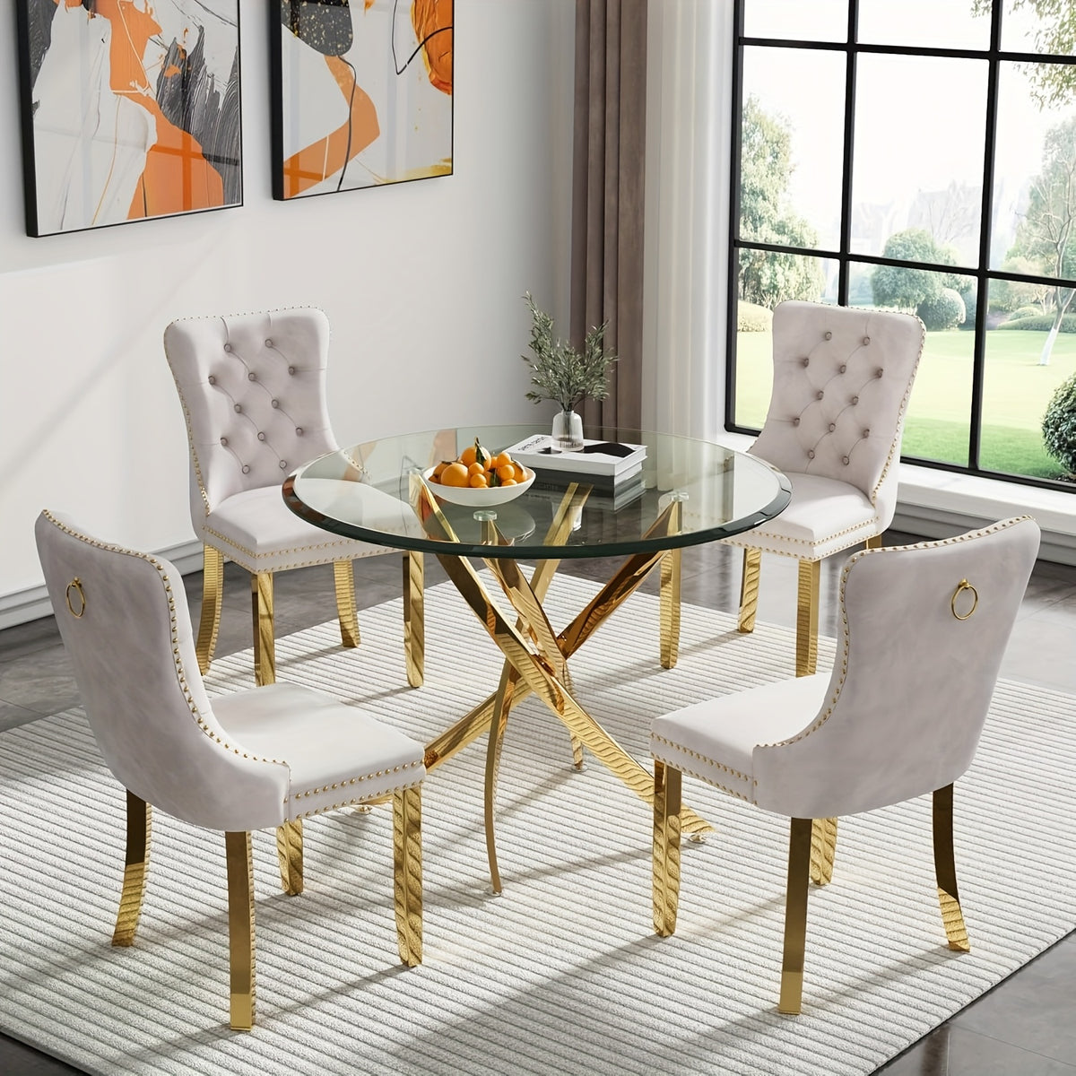 5/3/1pc Round Dining Table Set, Modern Tempered Glass Dining Table With Velvet Dining Chairs, 36" Kitchen Table With Stainless Steel Base For Living Room, Dining Room, Kitchen, Office, Lounge