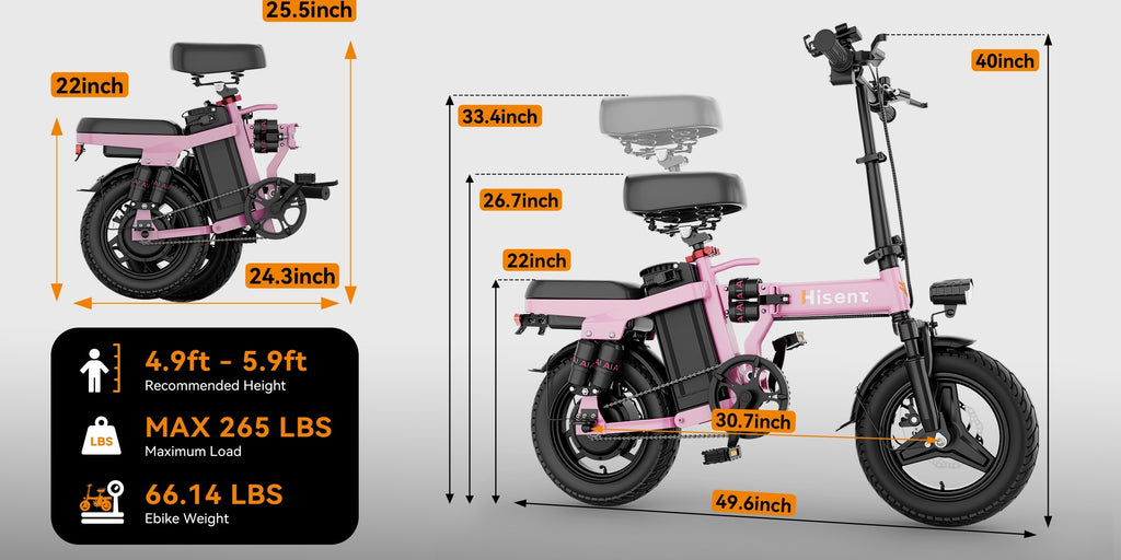 Hisent Foldable Electric Bicycle, Power: 500W Brushless Motor, 48V 10AH/17.5AH Lithium Battery (optional), 12 to 35 Miles Range; Speed: 19.9 MPH, Dual Brakes, LED Headlights, 14-inch Tires, Commuting And School Trips, Stylish Design, Sturdy Structure