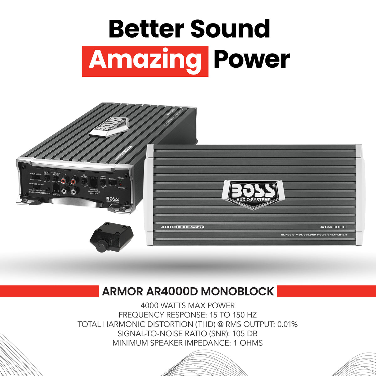 Boss Audio Systems AR4000D Armor 4000 Watt Monoblock Class D 1-Ohm Stable Car Audio Amplifier Amp with Mosfet Power Supply and Remote Control