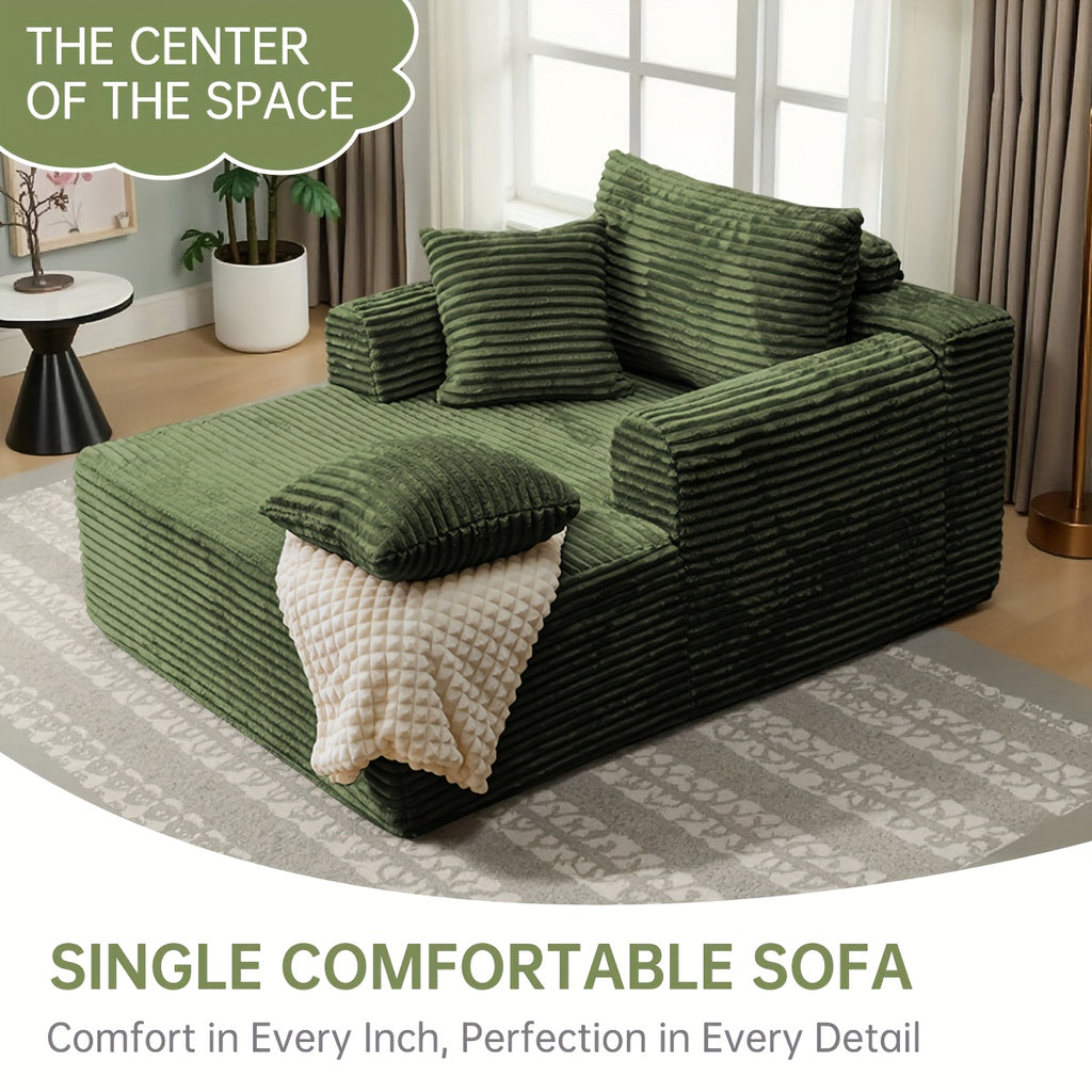 A Modern Fabric Corduroy Sofa Bed with a Deep Seat That Can Be Converted, Featuring Throw Pillows And Cloud-Shaped Armrests, Along with Storage Pockets, Ideal for Use As a Reclining Sofa in Living Rooms, Bedrooms, Apartments, And Offices